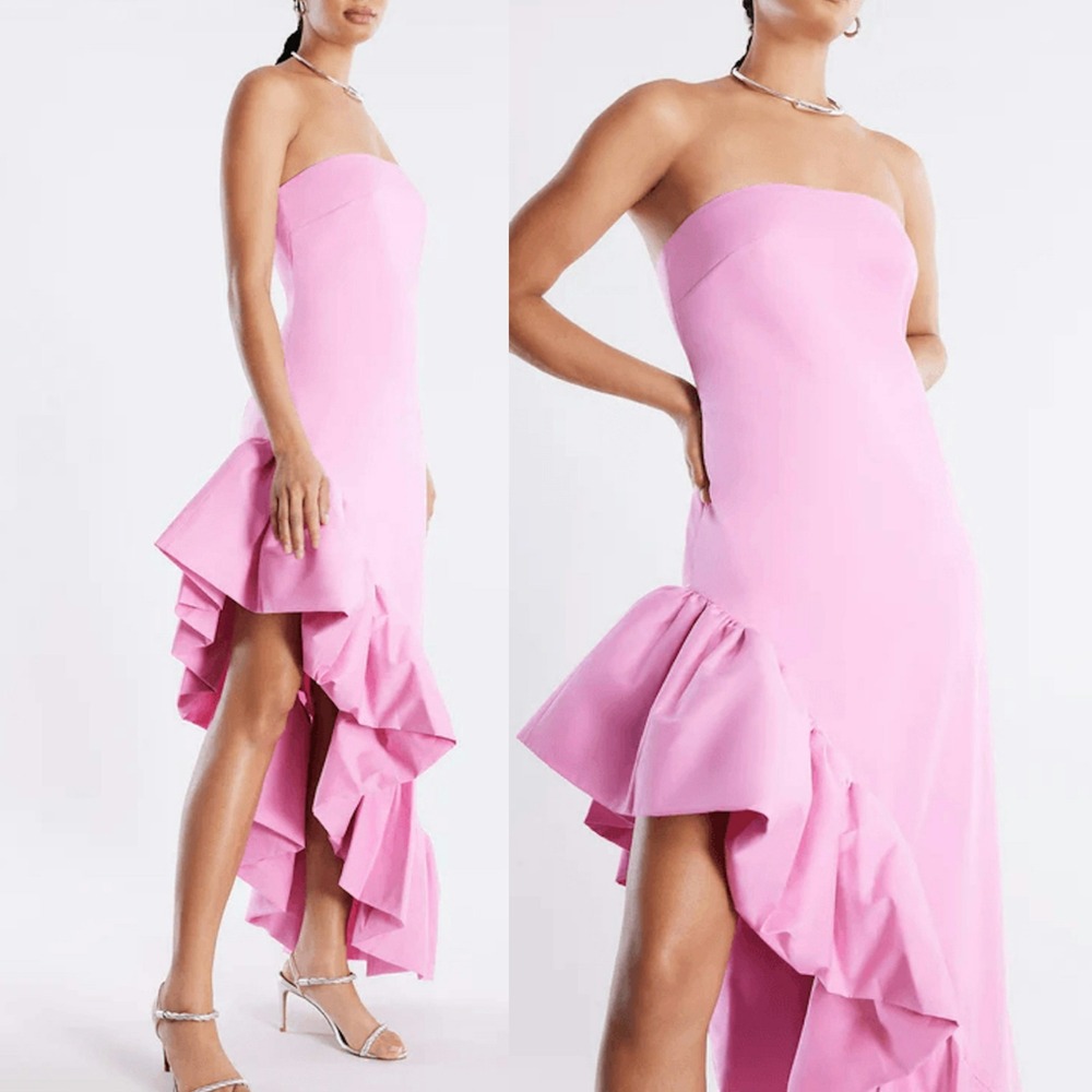 BCBGMAXAZRIA Pink Alba Strapless Asymmetrical Ruffle Gown Maxi Dress Size 8